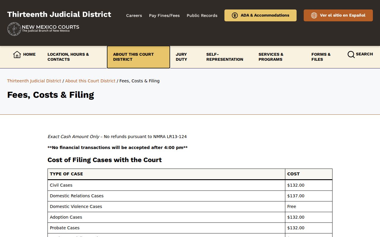 Thirteenth Judicial District fees page showing copy and certification information