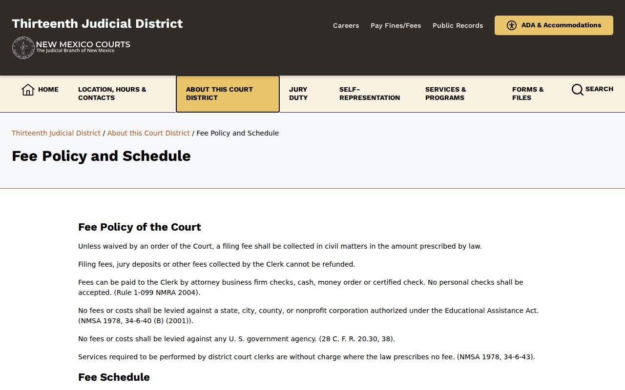 Thirteenth Judicial District fee policy and record-reproduction schedule