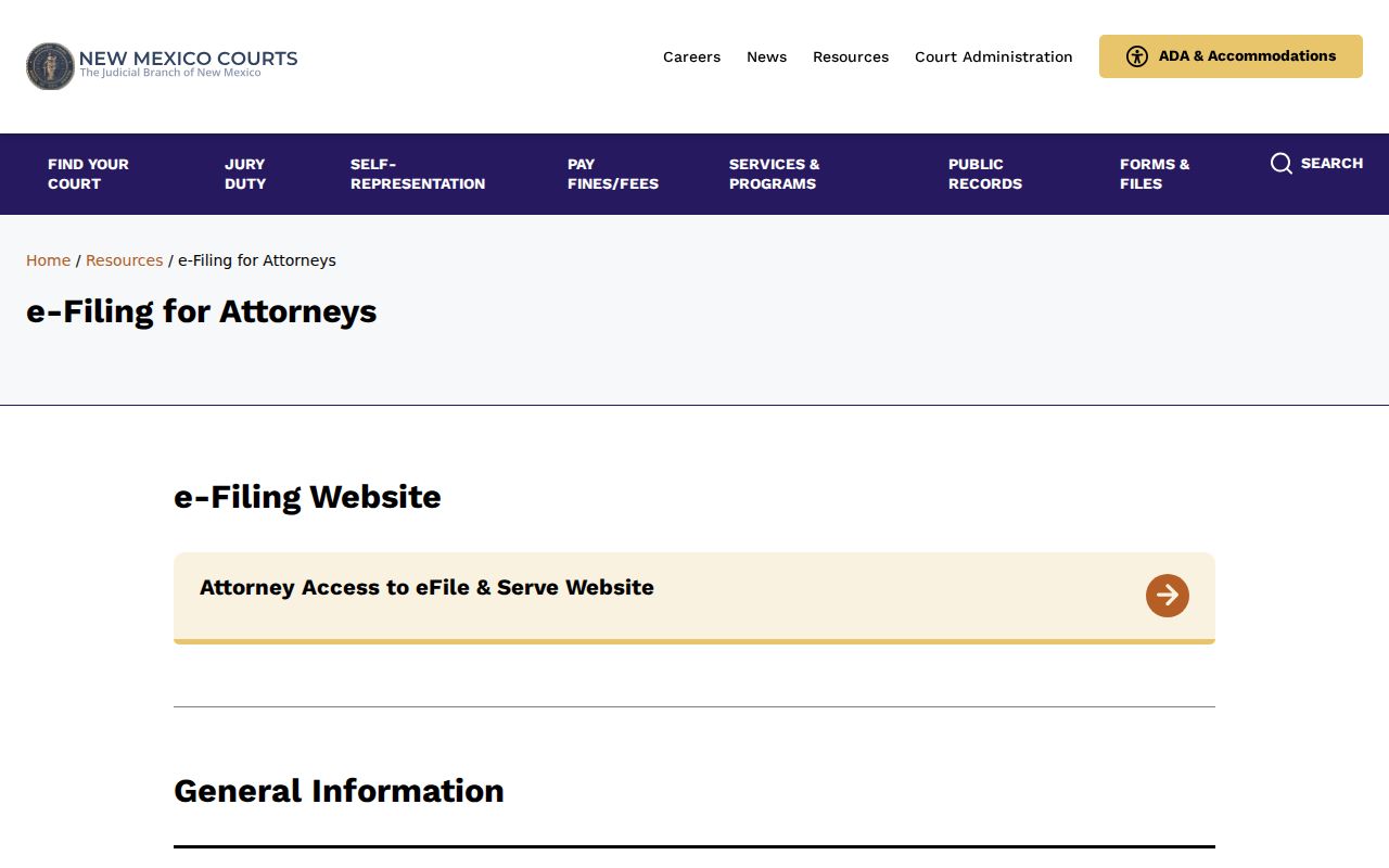 New Mexico Courts e-filing information page for court filing and service options