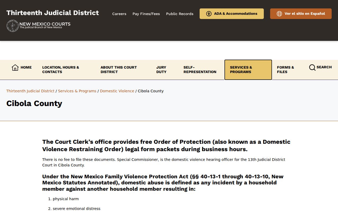 Cibola County domestic-violence court resource page with public packet information