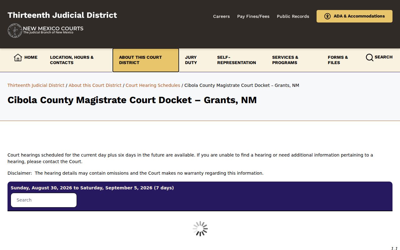 Cibola County court calendar magistrate docket showing current day and six future days