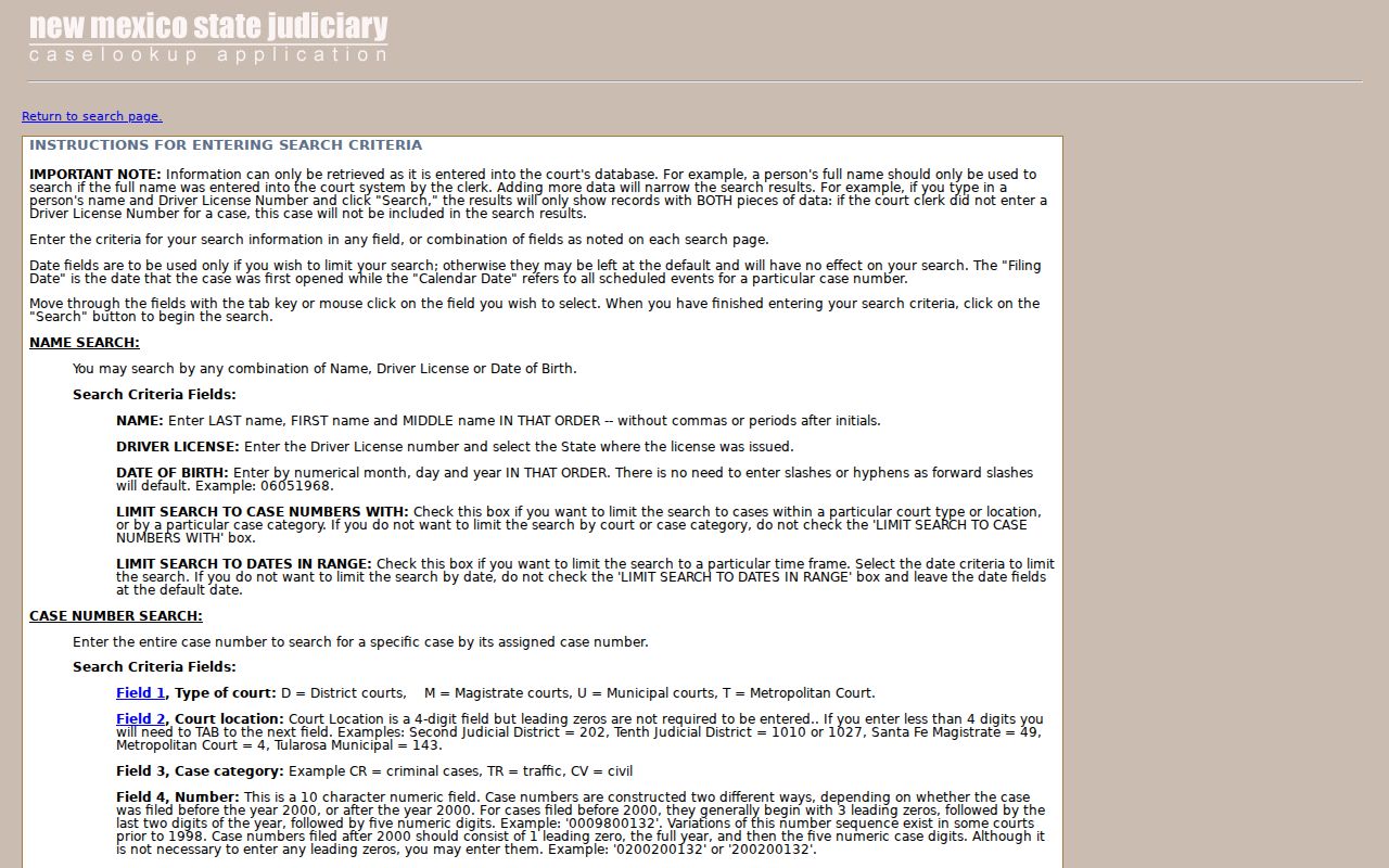 Cibola County criminal docket Case Lookup search field instructions