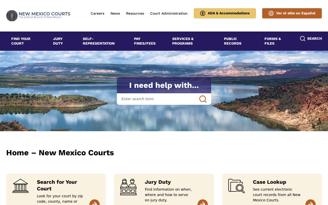 New Mexico Courts official website with statewide court service entry points